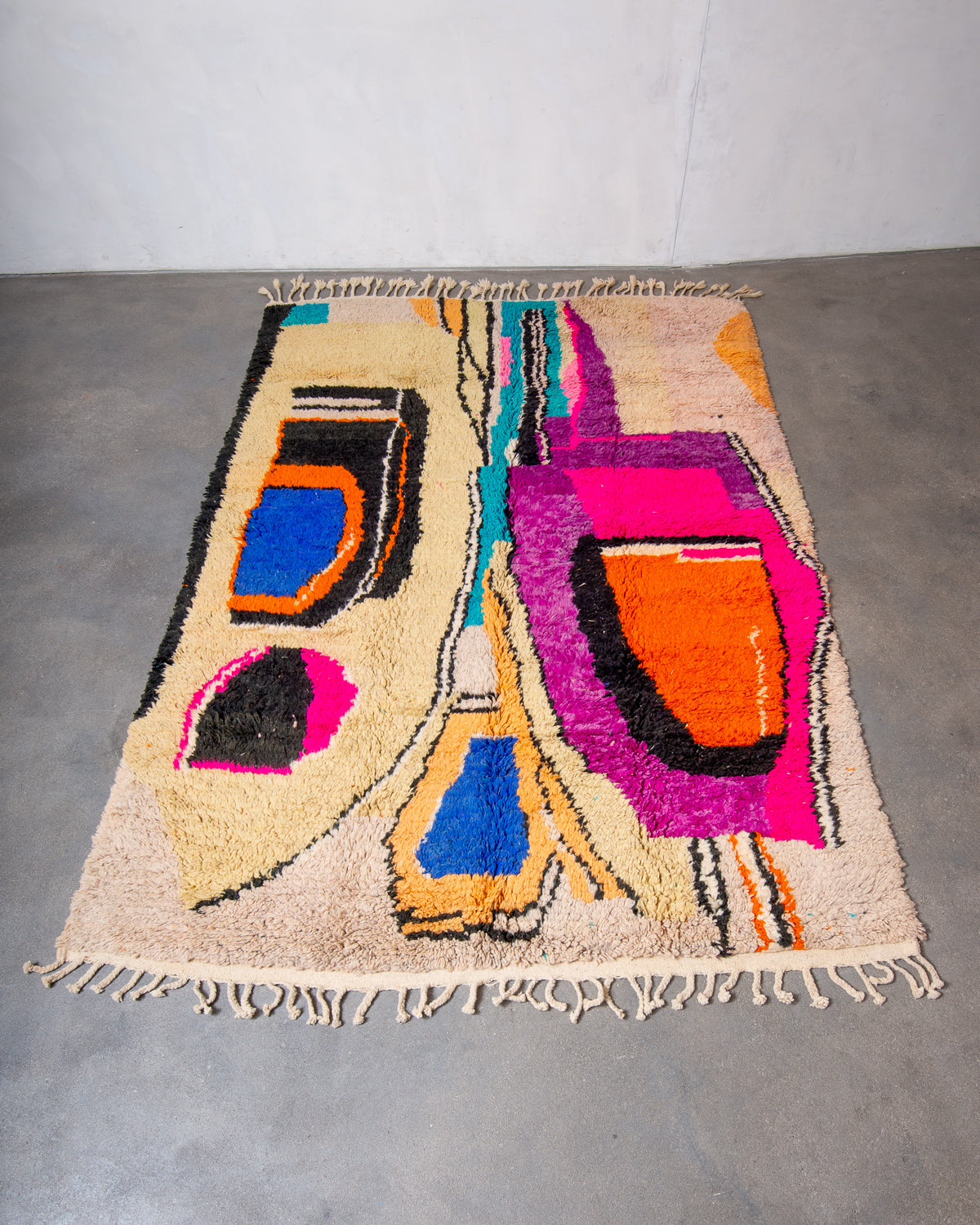 Modern, designer, handcrafted Berber rug from Morocco. Vintage carpet with beautiful colours and patterns and fluffy texture.